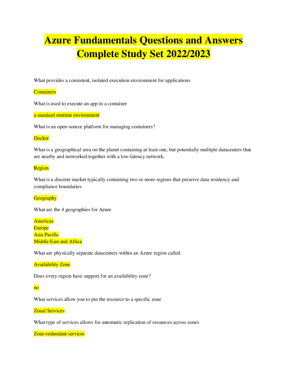 Preview of Azure Fundamentals Questions and Answers Complete Study Set 2022/2023
